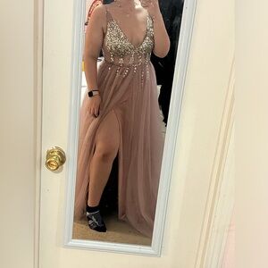 Blush pink ball gown prom dress backless sequin